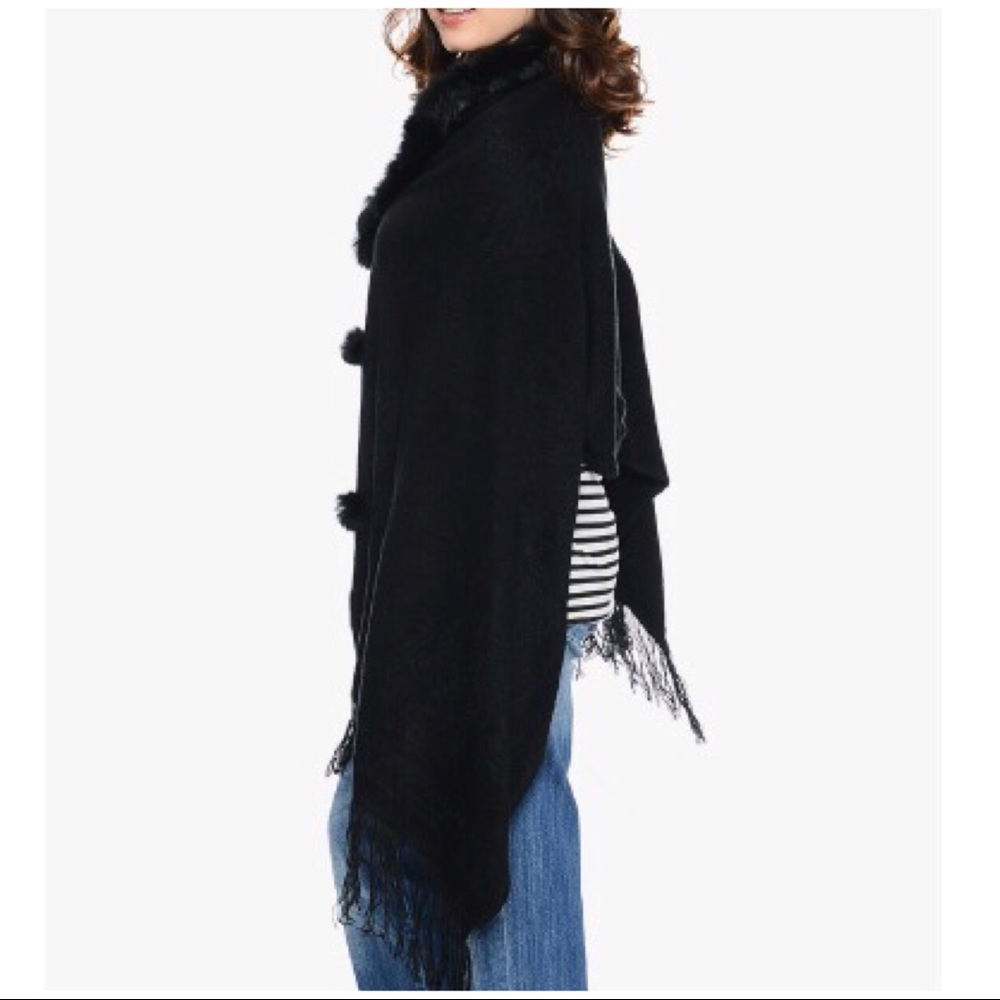 Black Faux Fur Pom Pom Tie Front Winter Shawl Wrap - Picture 5 of 7